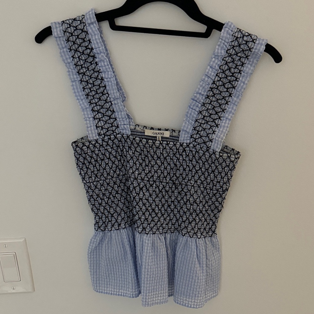 Ganni Black stitching and white and Blue Checkered Tank Top